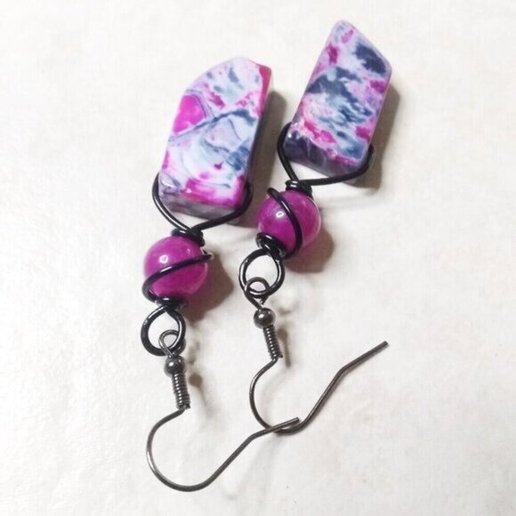 Black Gray & Rose Pink Agate + Sugilite Earrings ~ Wire Wrapped & Unique - Picture 4 of 6